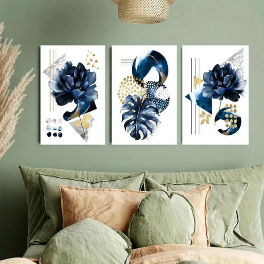 3pcs Navy Blue, Grey & Golden Abstract Geometric Metal Print Ready to Hang Art