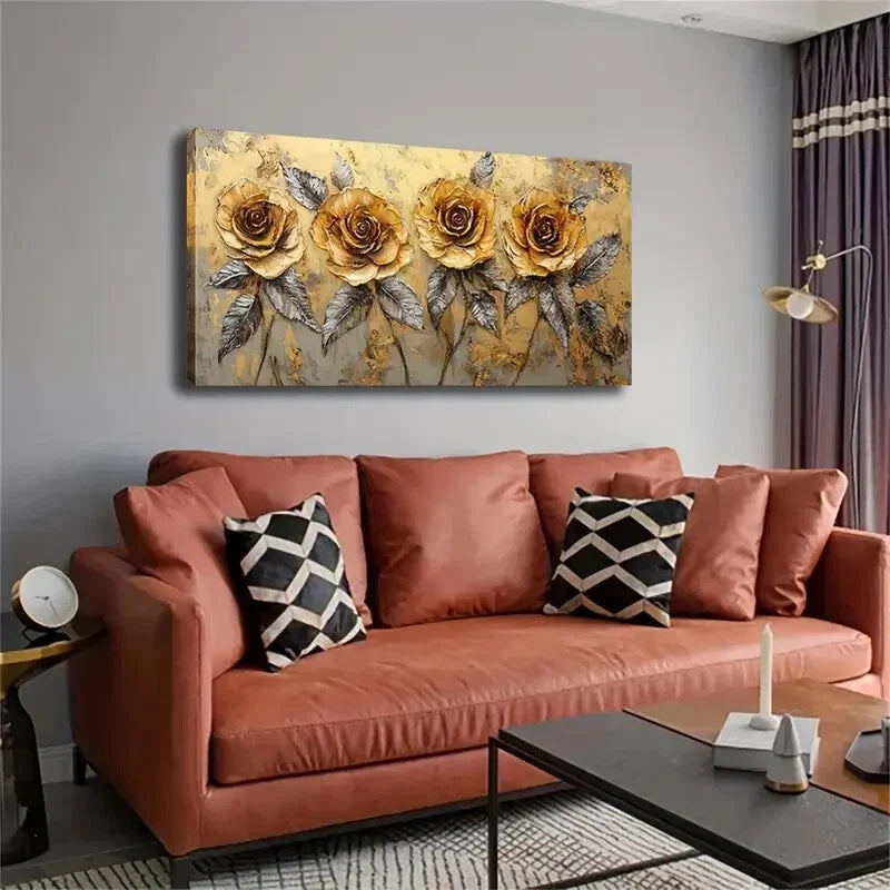Vibrant Four Golden Roses Wall Art Canvas Office Home Room Framed 120x60cm