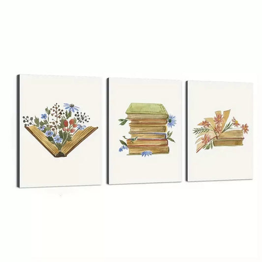 3pcs Watercolor Bohemian Style Floral Book Wall Art Set Canvas Framed 40x60cm - High Quality Print 100% Australian Made Wall Canvas Ready to Hang