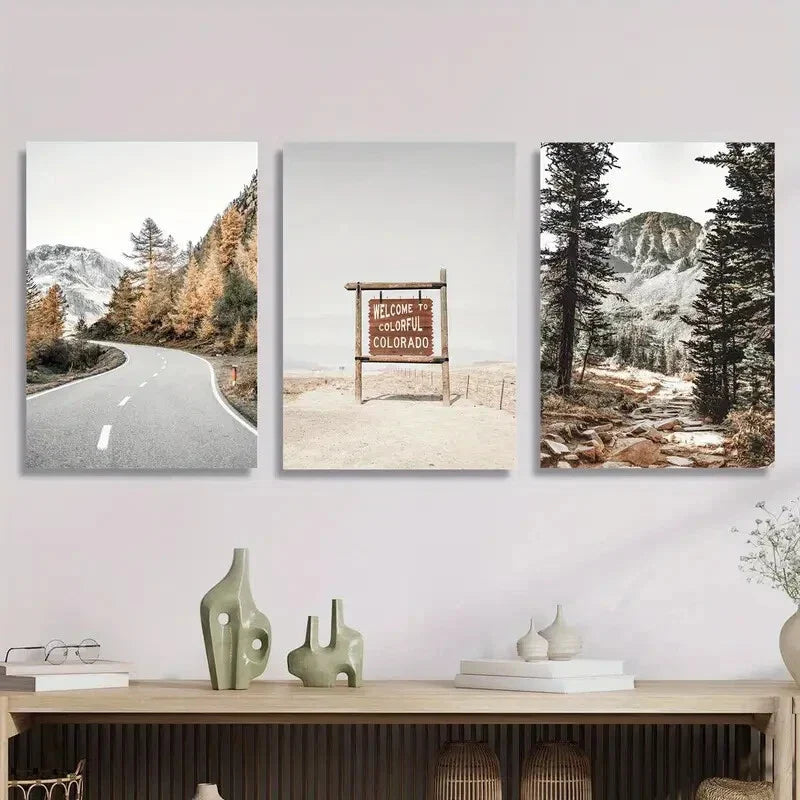 3pcs Forest Road &amp; Mountain Scenery Photography Metal Print Ready to Hang Art