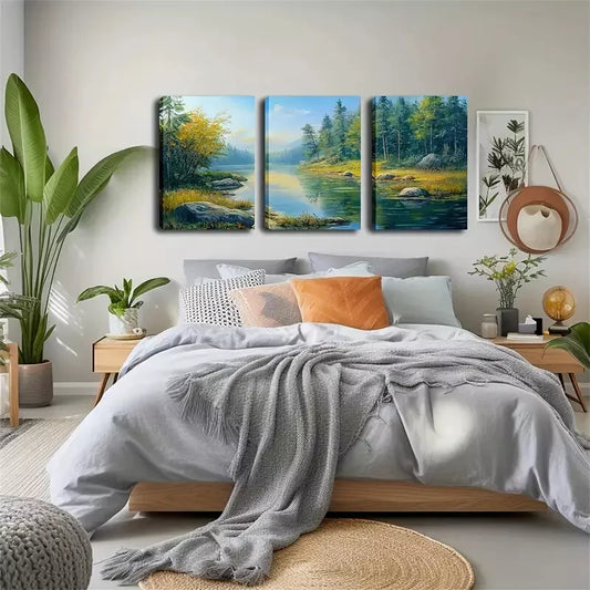 3pcs Spring Stream Landscape with Autumn Leaves,  Wall Art Set Canvas Framed 40x60cm - High Quality Print 100% Australian Made Wall Canvas Ready to Hang