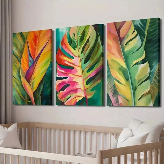 3pcs Colorful Monstera & Palm Leaf Designs Wall Art Set Canvas Framed 40x60cm - High Quality Print 100% Australian Made Wall Canvas Ready to Hang