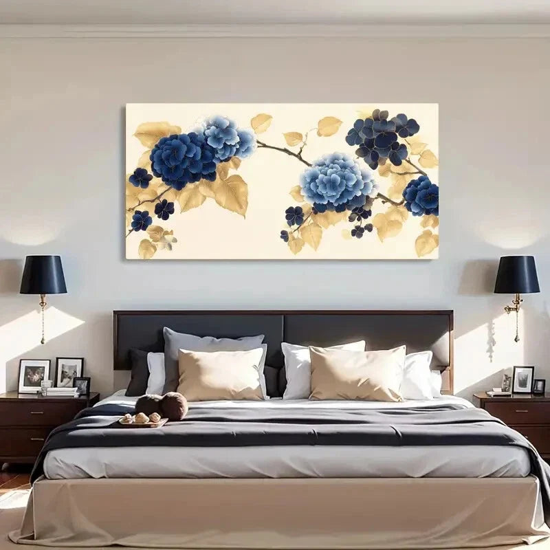 Blue Floral Leaves Luxury Wall Art Canvas Office Home Room Framed 120x60cm