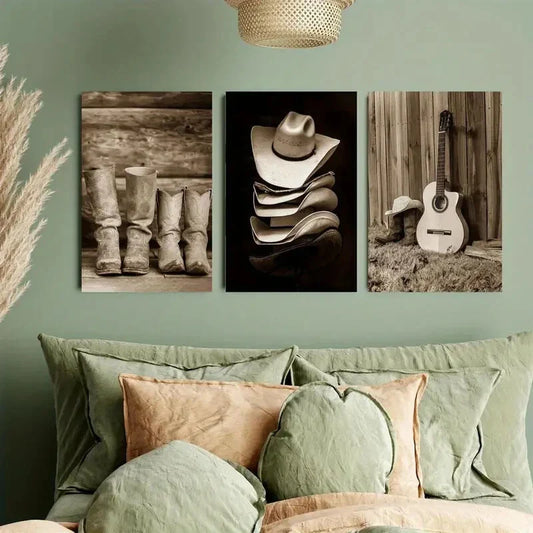 3pcs Cowboy Hat & Boots Design Metal Print Ready to Hang Art