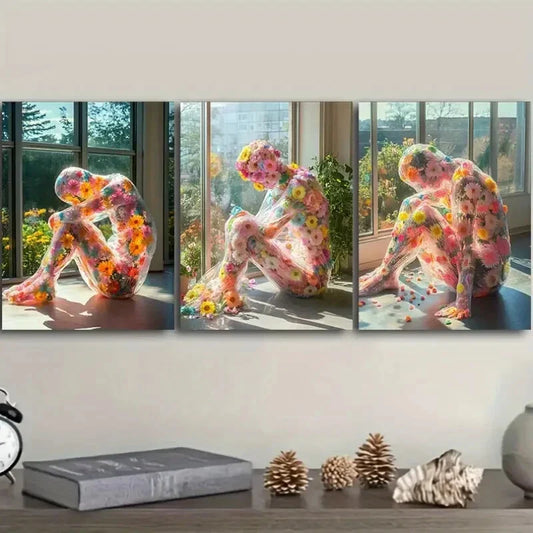 3pcs People made of flowers Metal Print Ready to Hang Art