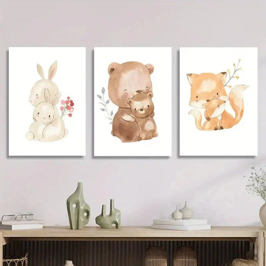 3pcs - Adorable Watercolor Animal Illustrations Metal Print Ready to Hang Art