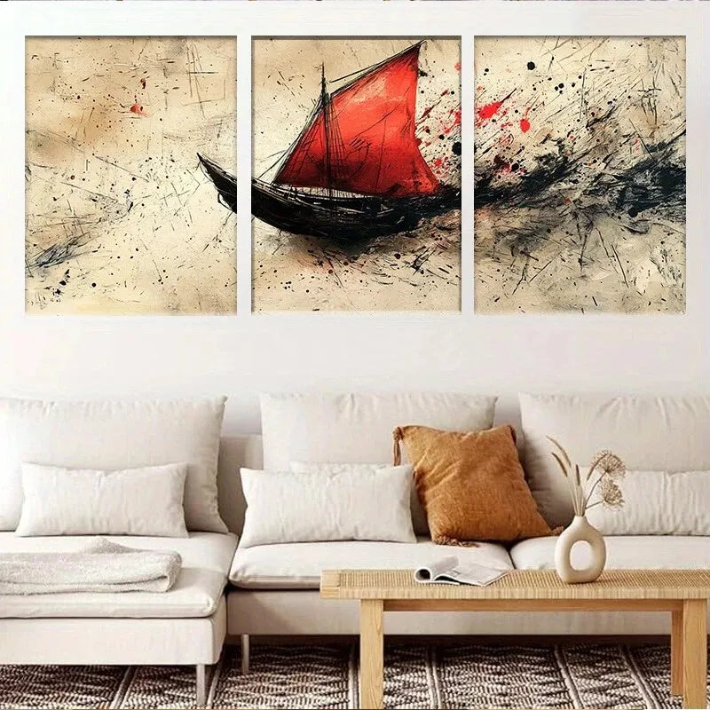3pcs Abstract Red Sails Ship on Rough Seas Wall Art Set Canvas Framed 40x60cm - High Quality Print 100% Australian Made Wall Canvas Ready to Hang