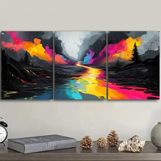 3pcs Vibrant Rainbow River Landscape Metal Print Ready to Hang Art