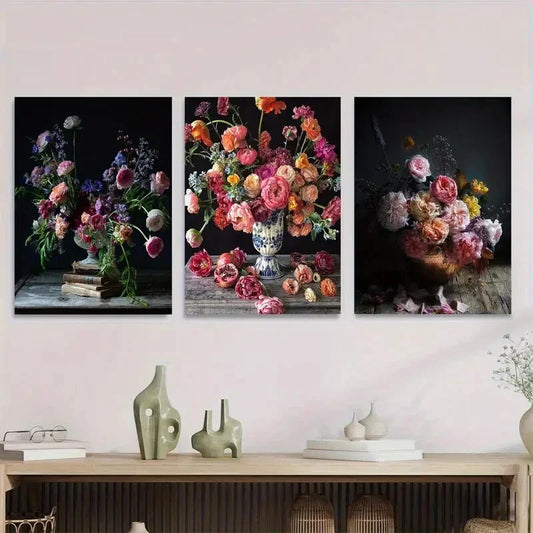 3pcs Elegant Flower Bouquet Metal Print Ready to Hang Art