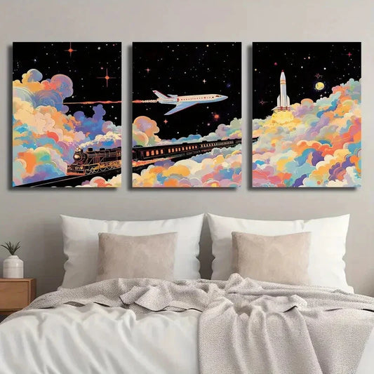 3pcs Cartoon Train Plane and Rocket Space Metal Print Ready to Hang Art