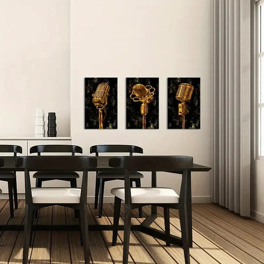 3pcs Golden Metal Microphone  Metal Print Ready to Hang Art