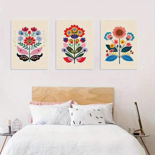 3pcs Vibrant Scandinavian Floral Metal Print Ready to Hang Art