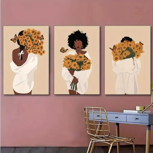 3pcs Black Leather Woman Art Flowers Butterfly Metal Print Ready to Hang Art