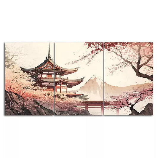 3pcs Chinese Temple Scenery Painting Style Canvas Framed 40x60cm - High Quality Print 100% Australian Made Wall Canvas Ready to Hang