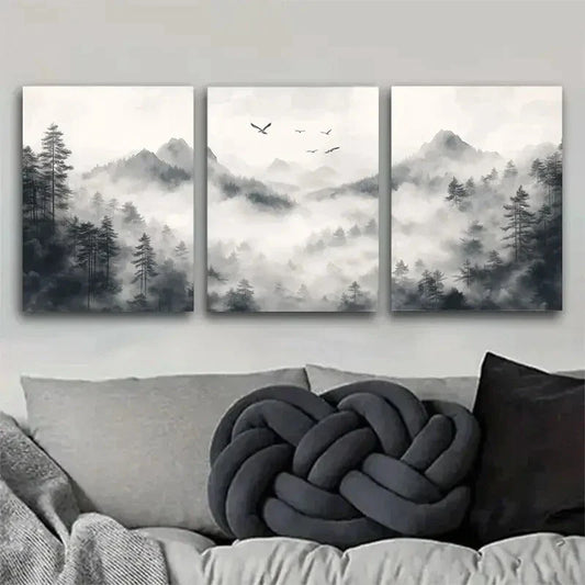 3pcs Monochrome Mountain - Forest Misty Landscape Metal Print Ready to Hang Art