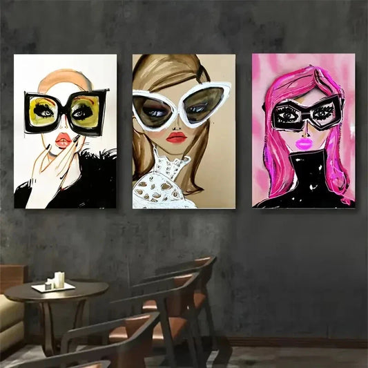 3pcs  Stylish Women with Large Fashion Glasses Wall Art Set Canvas Framed 40x60cm - High Quality Print 100% Australian Made Wall Canvas Ready to Hang