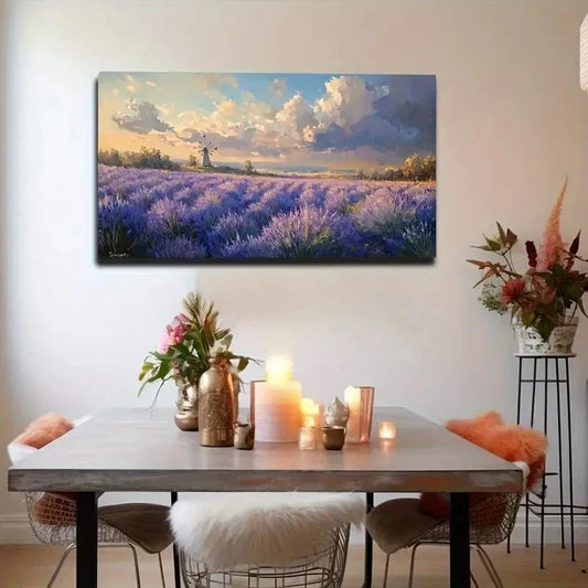 Serene Lavender Field Wind Wall Art Canvas Office Home Room Framed 80x45cm