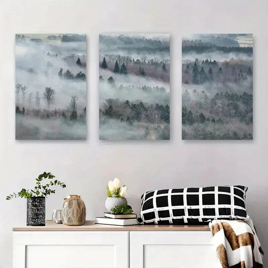 3pcs Misty Forest Tranquil Foggy Landscape Metal Print Ready to Hang Art