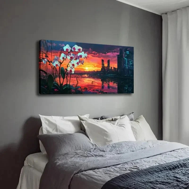 White Orchid & Urban Skyline Wall Art Canvas Office Home Room Framed 120x60cm