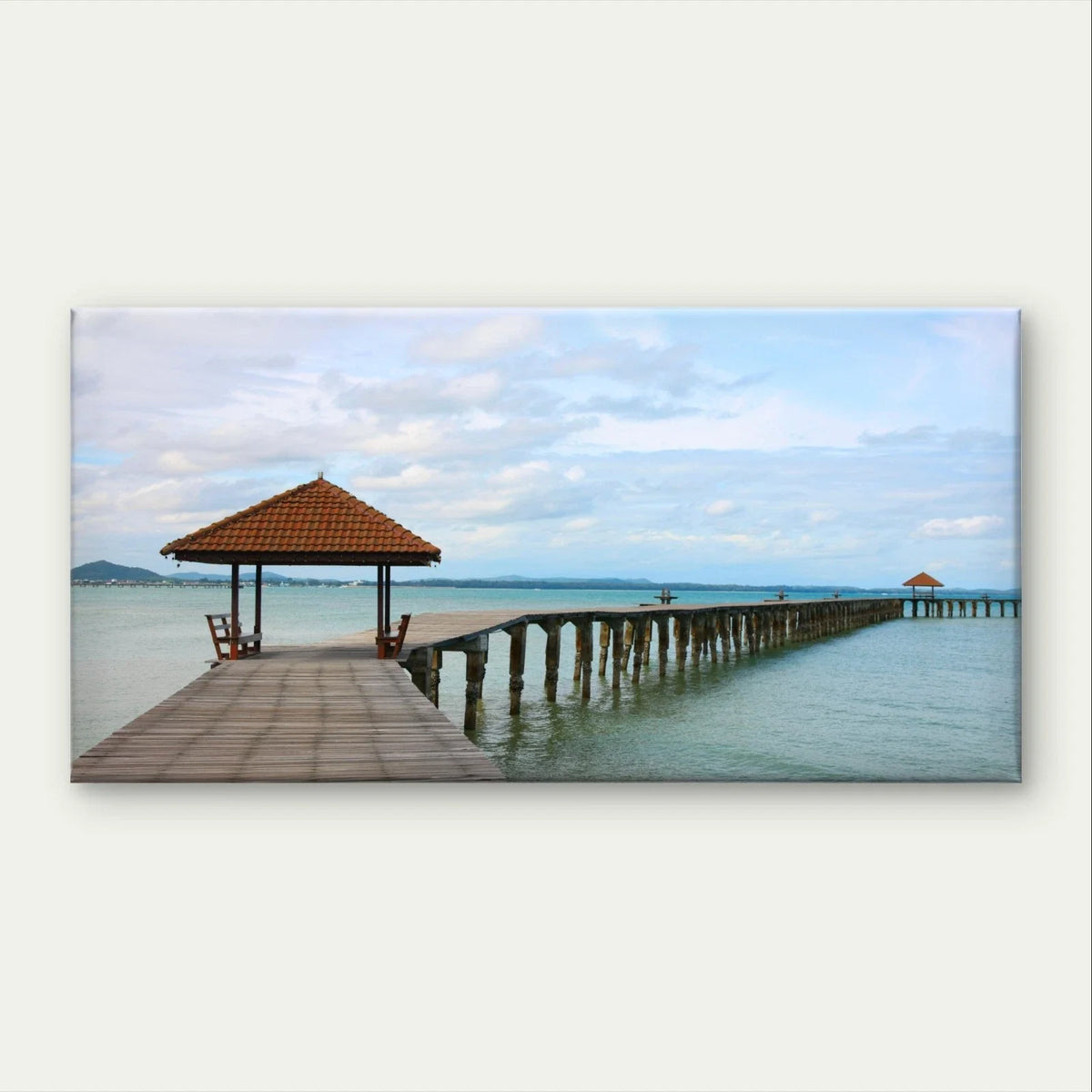Wooden Pier and Beach Landscape Wall Art Canvas Office Home Framed 120x60cm
