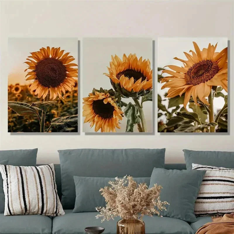 3pcs Nordic sunflower, dark sunflower blooms Metal Print Ready to Hang Art