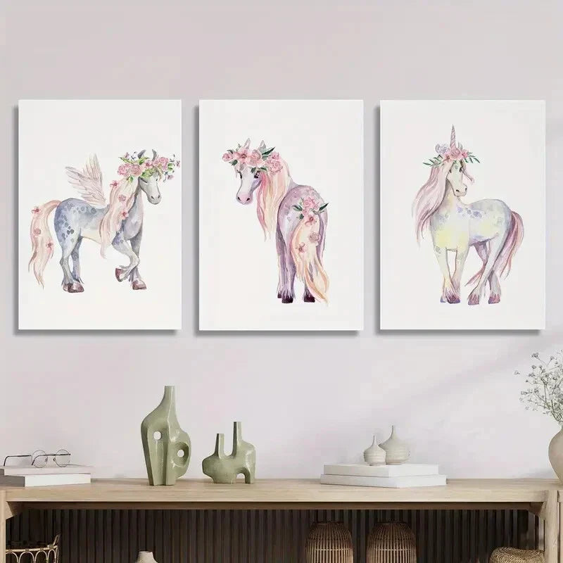 3pcs Pink Unicorn Print, Watercolor Metal Print Ready to Hang Art