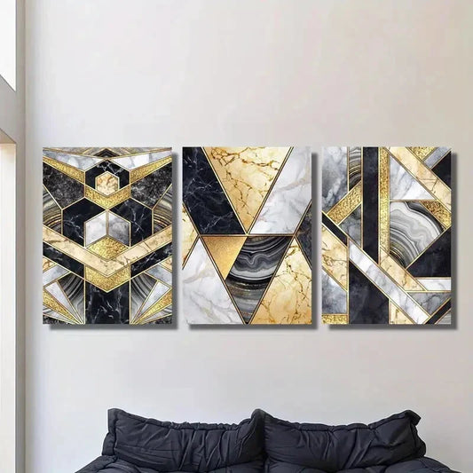3pcs Marble texture and golden geometric Metal Print Ready to Hang Art