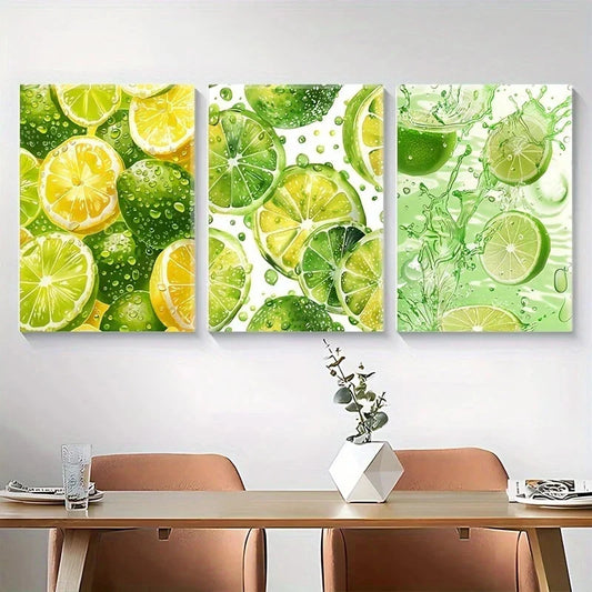 3pcs Vibrant Lemon Slice Fresh Green Metal Print Ready to Hang Art