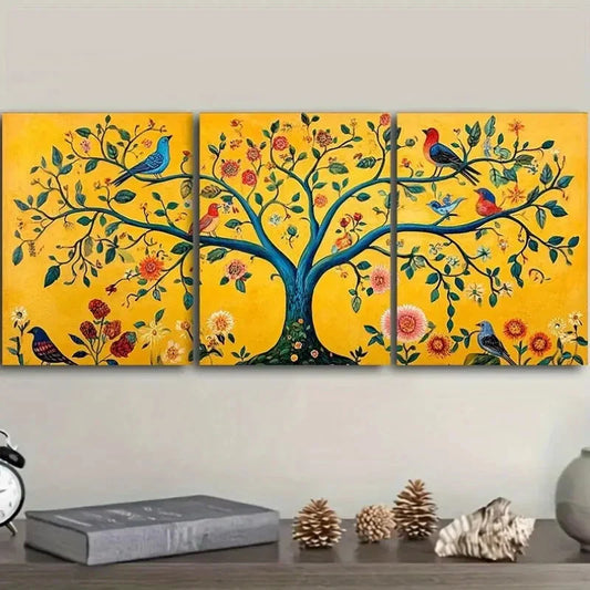 3pcs The tree of life with birds and flowers Metal Print Ready to Hang Art