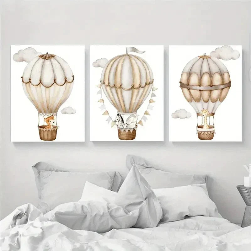 3pcs Hot Air Balloon Animal Adventure Metal Print Ready to Hang Art