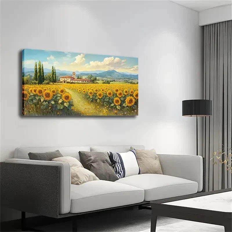Rustic Sunflower Field Houses Wall Art Canvas Office Home Room Framed 120x60cm