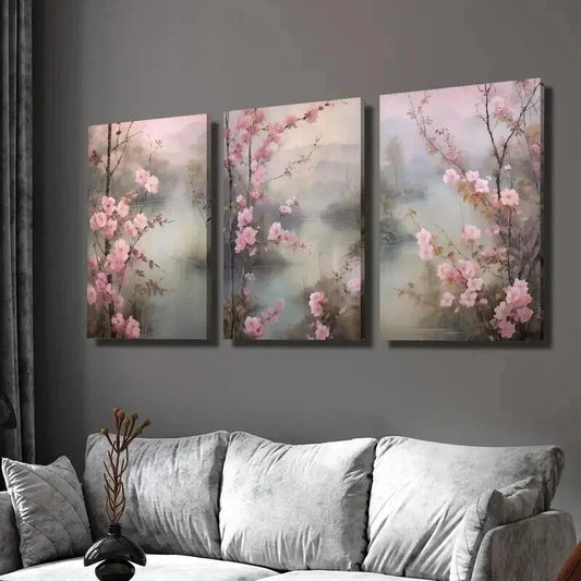 3pcs Beautiful Pink Peach Blossoms in Spring Wall Art Set Canvas Framed 40x60cm - High Quality Print 100% Australian Made Wall Canvas Ready to Hang