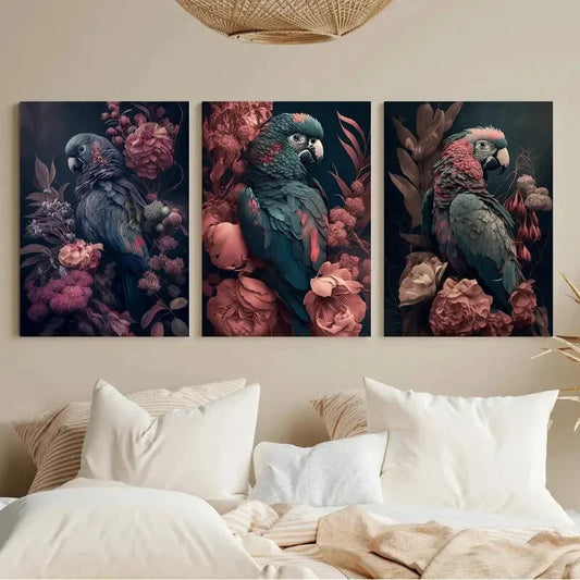3pcs Vibrant Scarlet Macaw & Blue Parrot Metal Print Ready to Hang Art