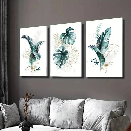 3pcs Golden Lines and Cyan Tropical Plants Wall Art Set Canvas Framed 40x60cm - High Quality Print 100% Australian Made Wall Canvas Ready to Hang