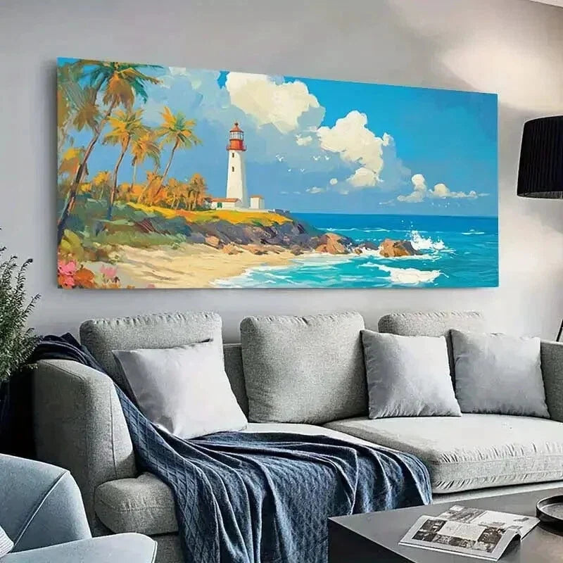 Seaside Lighthouse Ocean wall canvas office home room framed 120x60cm