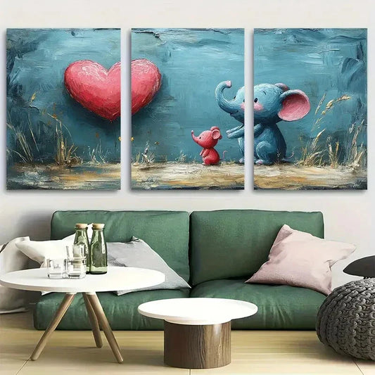 3pcs Adorable Baby Elephant and Mouse Friendship Metal Print Ready to Hang Art