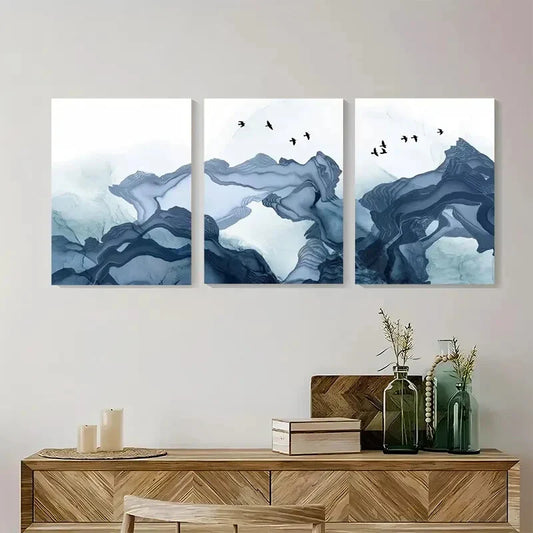 3pcs Blue Smoke Wave and Birds Abstract Landscape Metal Print Ready to Hang Art