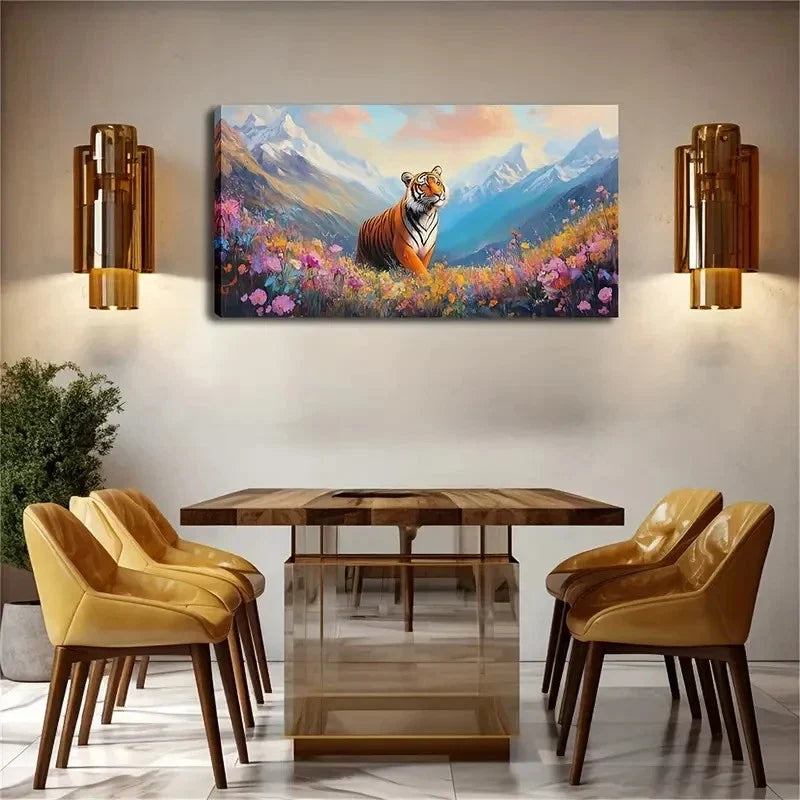 Tiger In Colorful Meadow Scene Wall Art Canvas Office Home Room Framed 120x60cm