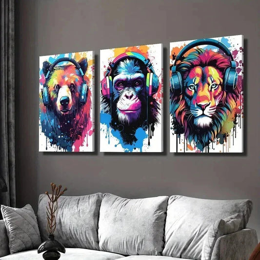 3pcs Lion Wolf Chimpanzee with Headphones Wall Art Set Canvas Framed 40x60cm - High Quality Print 100% Australian Made Wall Canvas Ready to Hang