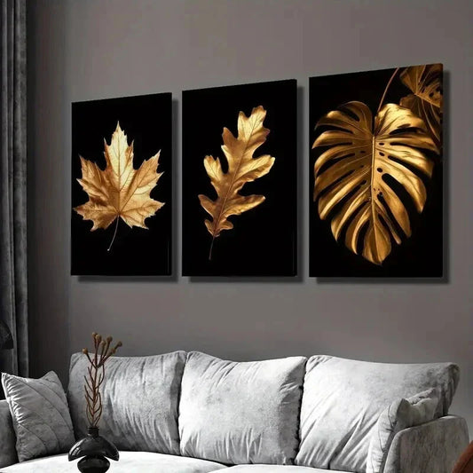 3pcs Classic Golden Leaves Decoration Wall Art Set Canvas Framed 40x60cm - High Quality Print 100% Australian Made Wall Canvas Ready to Hang