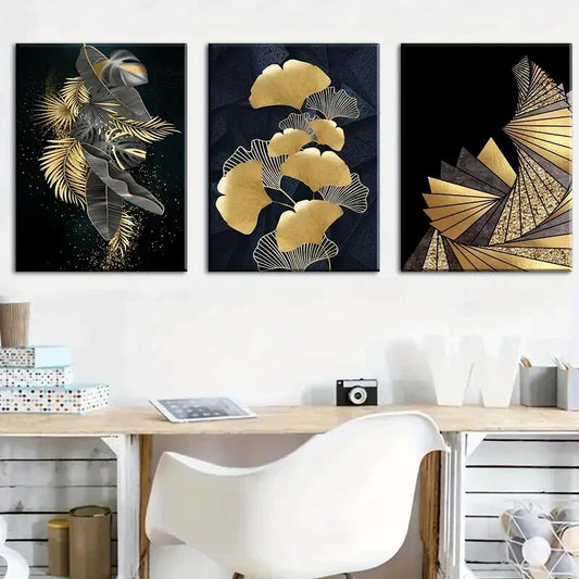 3pcs   Black & Golden Leaf Designs,  Metal Print Ready to Hang Art