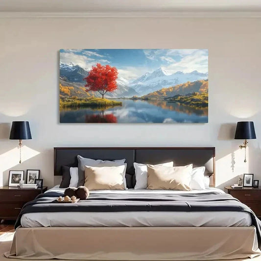 Red Tree Autumn Scenery Perfect Wall Art Canvas Office Home Room Framed 120x60cm