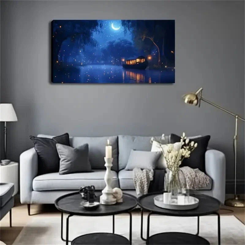 Water Village Scene Lantern Wall Art Canvas Office Home Room Framed 120x60cm