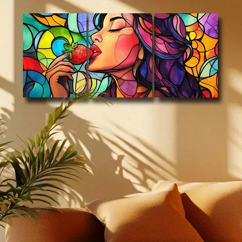 3pcs Vibrant Strawberry Kiss Design Metal Print Ready to Hang Art