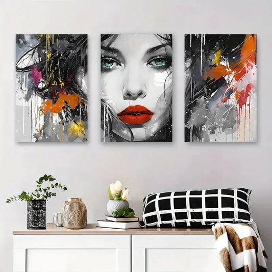 3pcs Modern Woman Face with Colorful Splashes Metal Print Ready to Hang Art