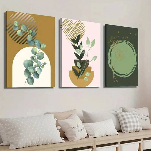 3pcs Green & Golden Eucalyptus Leave & Dandelion Wall Art Set Canvas Framed 40x60cm - High Quality Print 100% Australian Made Wall Canvas Ready to Hang