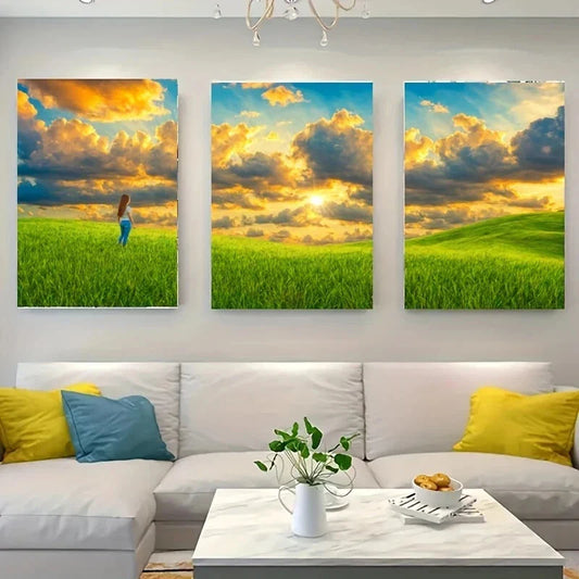 3pcs A Person Standing in a Grassy Field Metal Print Ready to Hang Art