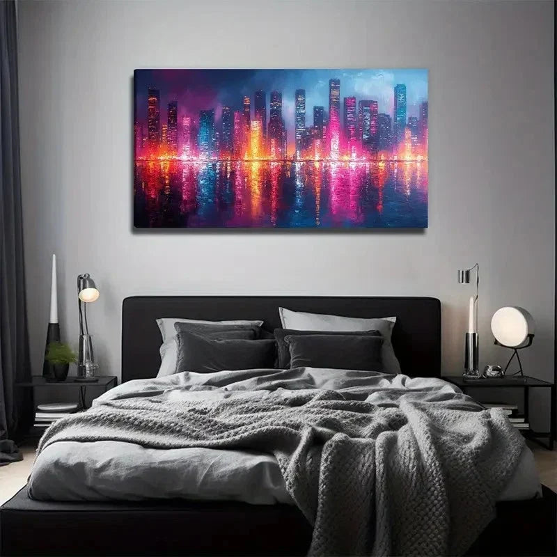 Vibrant Neon City Lights Wall Art Canvas Office Home Room Framed 80x45cm