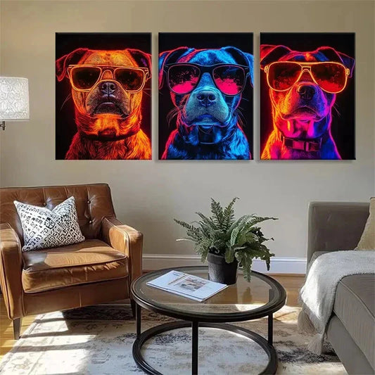3pcs Stylish Dogs in Neon Fashion Glasses Wall Art Set Canvas Framed 40x60cm - High Quality Print 100% Australian Made Wall Canvas Ready to Hang