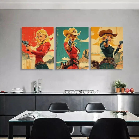 3pcs Retro Wild West Cowgirl Gunslinger Perfect Wall Art Set Canvas Framed 40x60cm - High Quality Print 100% Australian Made Wall Canvas Ready to Hang